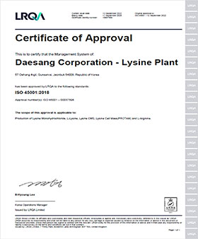 Lysine Plant ISO 45001 인증서